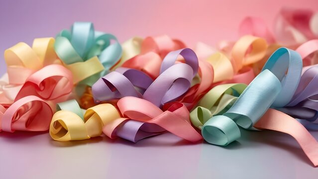 Colorful Curling Ribbons Scattered on a Soft Gradient Backdrop for Party Decorations and Crafts