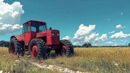 Fototapeta premium Red Tractor in Lush Rural Landscape with Blue Sky