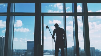 Fototapeta premium worker clean up windows of building