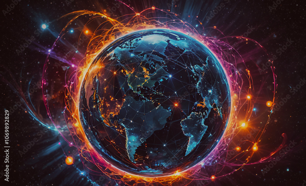 Poster colorful planet with a network of lines surrounding it
