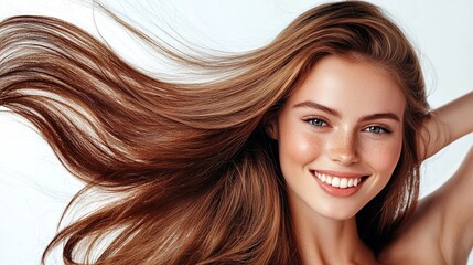 Fototapeta premium Young Woman with Radiant Smile and Flowing Hair
