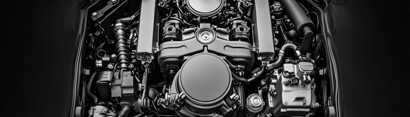Close-up of a car engine's inner workings, monochrome tones highlighting complexity, mechanical details, industrial machinery design