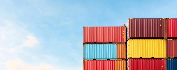 Fototapeta premium Colorful cargo containers, red yellow blue, stacked under bright sky, vibrant industrial scene, minimal clouds