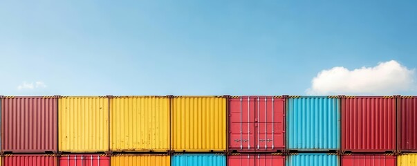 Fototapeta premium Colorful cargo containers, red yellow blue, stacked under bright sky, vibrant industrial scene, minimal clouds