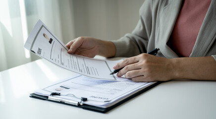 Executive CEO businesswoman checking job applicant documents resumes, interviews, and signing to approve the contract in the office room