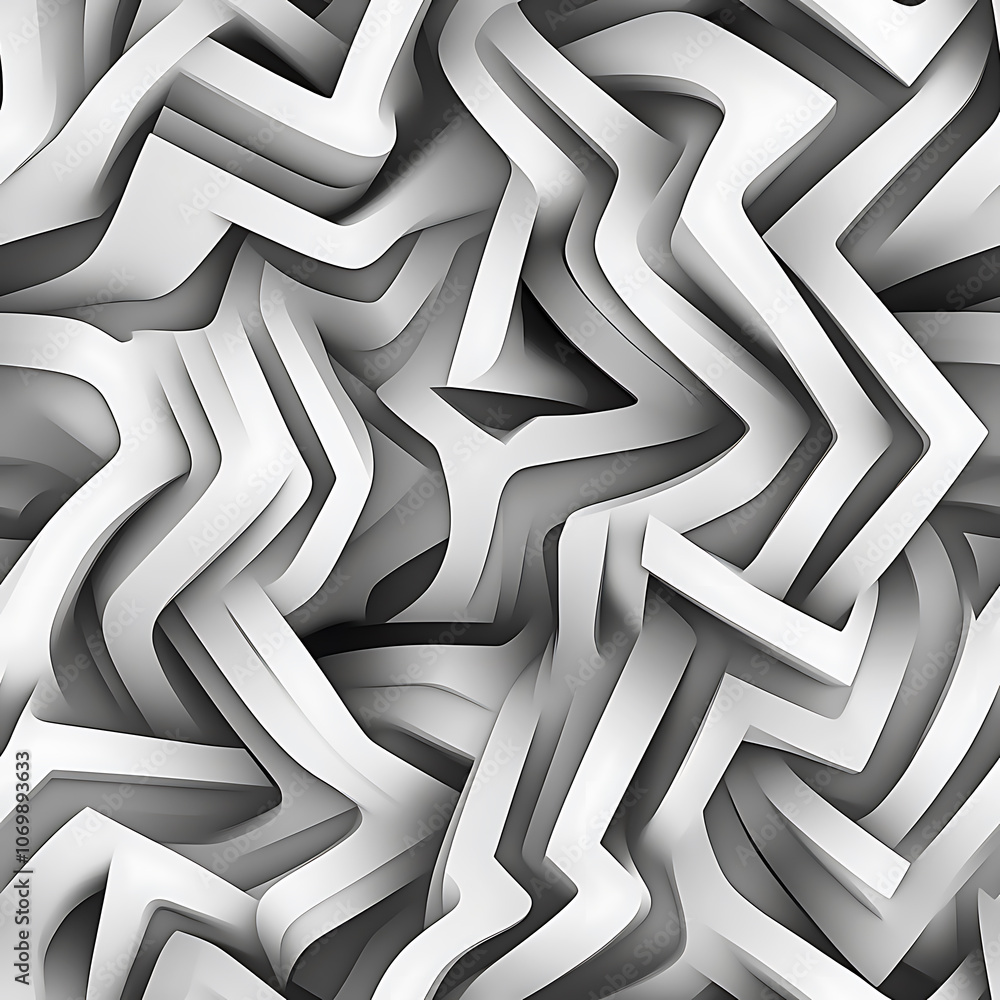 Poster mind bending pattern featuring repeating impossible shapes in shades of gray, creating visually stri