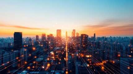 Obraz premium Futuristic city at sunset, digital overlay of network connections, technology-driven urban landscape, connected future