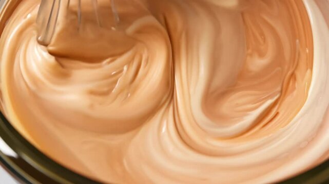 Static video of hands mixing foundation shades on a glass palette under a warm sunset glow, creating a marbled effect