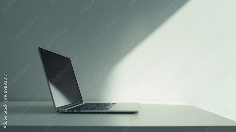 Poster the image of a laptop or notebook placed on a table represents technology and the use of devices to 