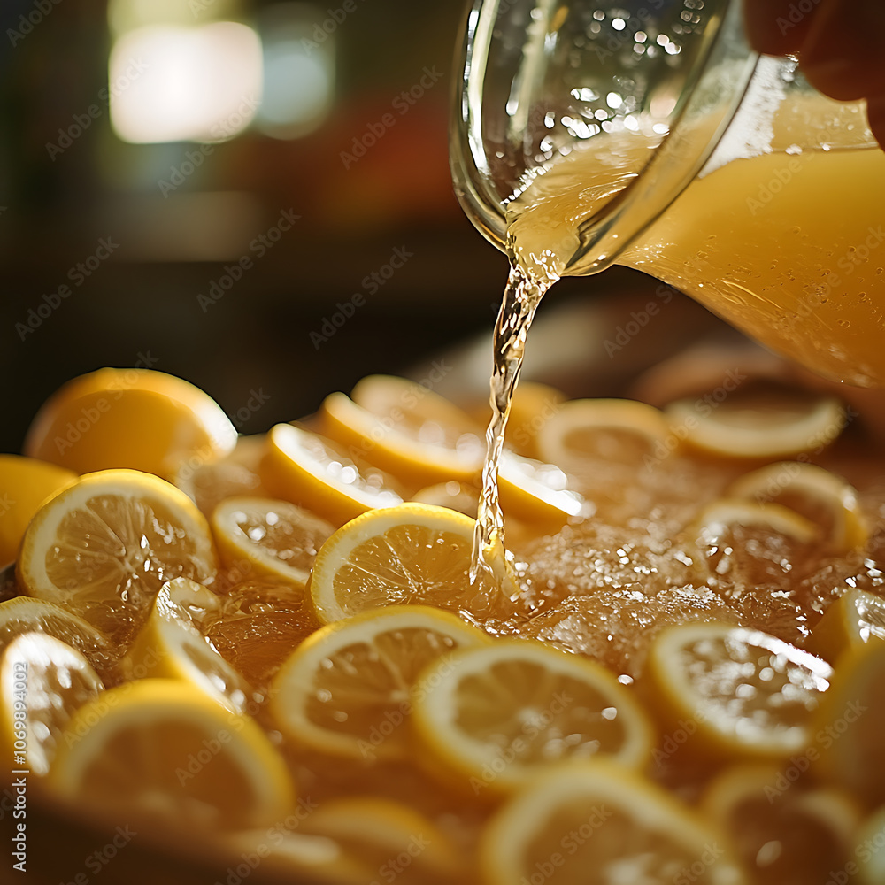 Aufkleber refreshing lemonade being poured into bowl filled with lemon slices, creating vibrant and inviting s