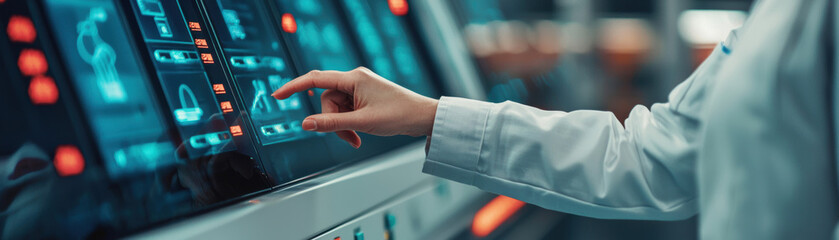Obraz premium A hand interacts with a high-tech control panel, featuring glowing screens and data displays, in a modern technological environment.