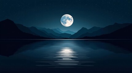 Vector art of a serene night scene, full moon rising over calm waters, mountain silhouettes in the distance, peaceful and dreamy ambiance