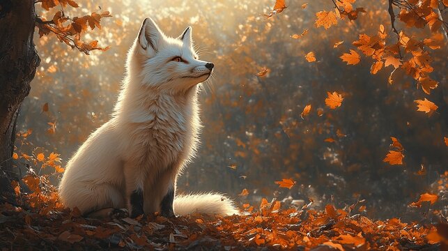 An ethereal scene set in a lush maple forest during the autumn season showcasing a white fox poised elegantly amid the colorful fallen leaves. generative ai