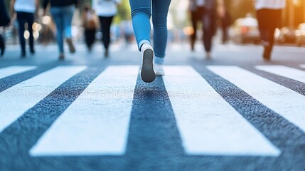 A person walks across a zebra-striped crosswalk, surrounded by other pedestrians in a vibrant city setting.