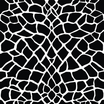 Reptile or snake skin. Animal print, spotted surface monochrome black background. Crocodile leather. Scales seamless texture. Vector 
