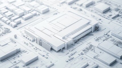 modern industrial building with high tech details, 3D white blueprint top view, abstract architecture background concept