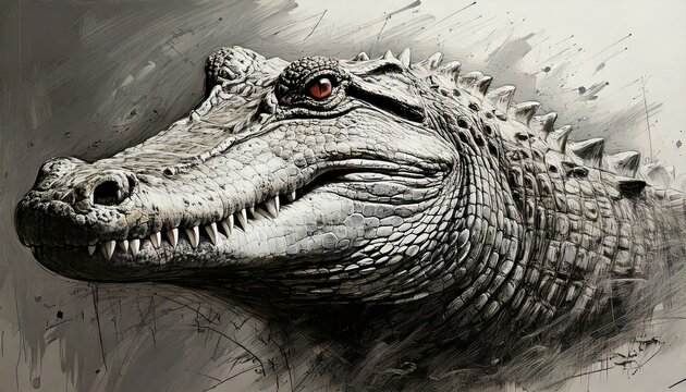 Dibujo al carboncillo, cocodrilo blanco representado en carboncillo, t&eacute;cnica de dibujo al carboncillo, trazos texturizados al carboncillo, manchas sutiles, audaz, expresivo, dram&aacute;tico.
