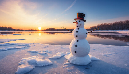 Fototapeta premium snowman on a frozen lake in winter at sunset, colorful picture and highly detailed