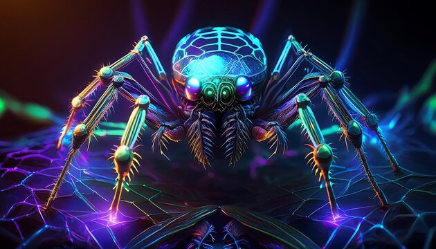 A glowing, bioluminescent spider with iridescent colors.