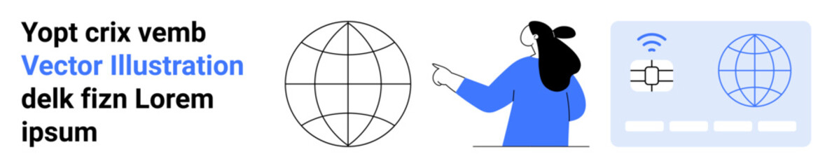 Digital globe, woman pointing at globe, interface elements. Ideal for global connectivity, technology, digital interaction, online education, web design, communication, user interface design. Banner