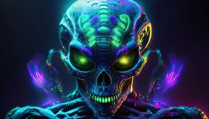 A vibrant, neon-colored alien skull with glowing green eyes.