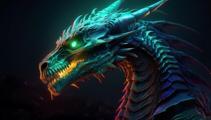 A close-up of a blue and green dragon's head, with glowing eyes and sharp teeth.