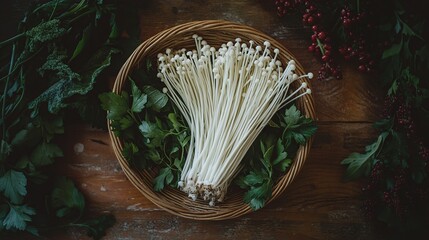 A basket of fresh white enoki mushrooms, nestled in green parsley and surrounded by other greenery, on a rustic wooden table.