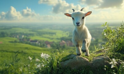 Obraz premium A white goat stands on a rock in a field.