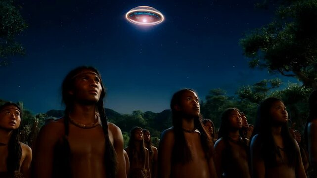 Low-budget video depicting a tribe of Native Americans watching a UFO in the sky, featuring intentional grotesque elements and themes of conspiracy theories