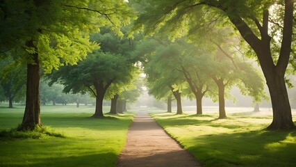 Obraz premium A Peaceful Morning Stroll Through a Tree-Lined Path in a Serene Green Park