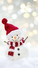 A snowman wearing a red hat and scarf. AI.