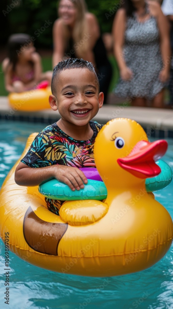 Poster a young boy smiles while floating on a yellow duck pool float. ai.