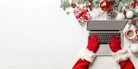 Santa Claus uses a laptop with Christmas decorations on the table. AI.