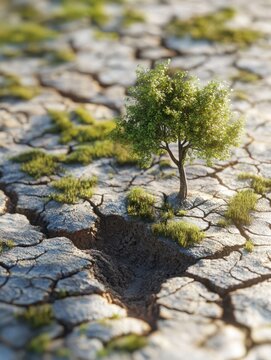 Dry land cracked soil green tree gl obal warming.