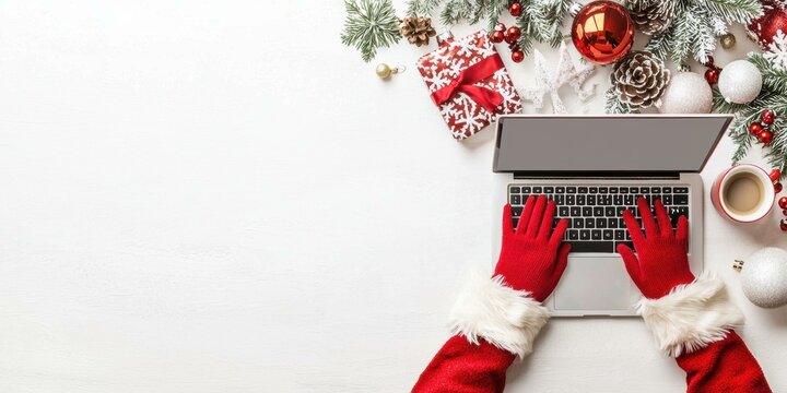 Santa Claus uses a laptop with Christmas decorations on the table. AI.