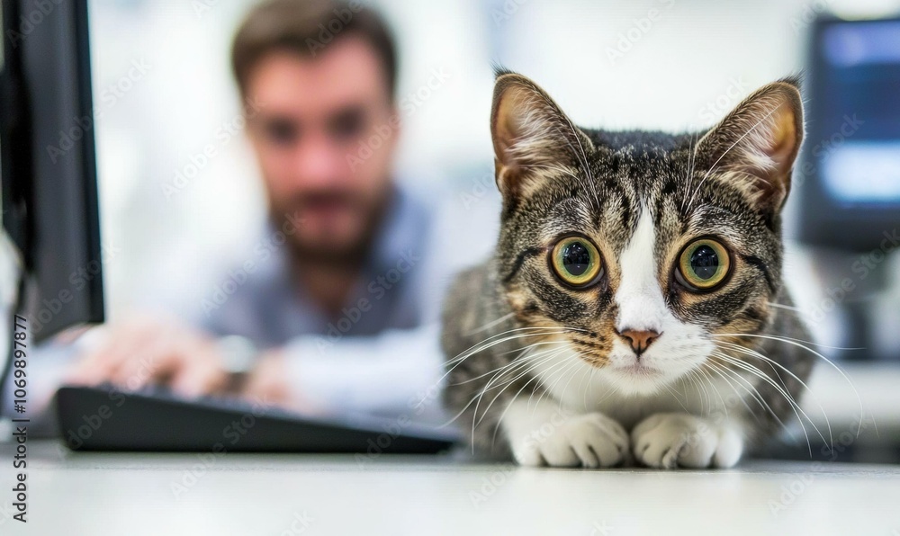Poster a cat sitting in front of a computer. ai.