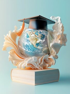 Education to learn study in world. Graduated student studying abroad international idea. Master degree hat on top globe book. Concept of graduate educational for long distane learning - generative ai