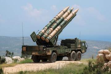 Rocket launcher vehicle fire system, air missiles launching from military vehicle.