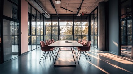 The meeting room is designed to be suitable and convenient for working in the office. There are tables and chairs in a wide area without people.