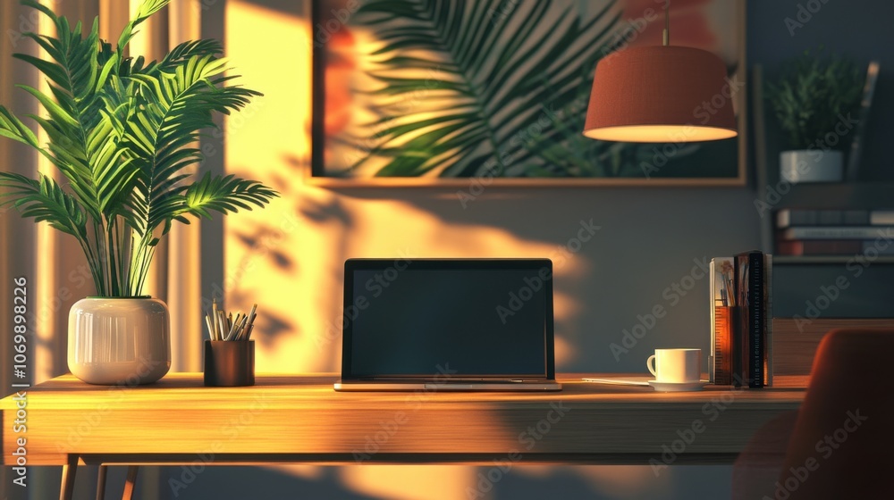 Poster image of a computer on a desk in a minimalist office to convey the concept of working and using tech