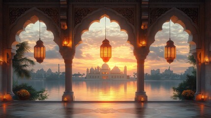 Exquisite Islamic Frame Featuring Hanging Lanterns - A Beautiful Religious Art Piece Perfect for Enhancing Spiritual Spaces and Celebrations