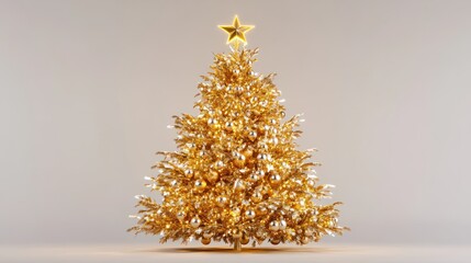 3d illustration golden christmas tree with lightining star