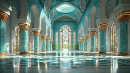 Intricate Interior of an Islamic Mosque Featuring Traditional Arabic Ornamentation for Cultural and Religious Projects
