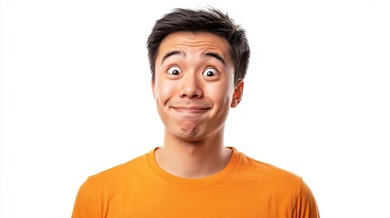 Fototapeta premium Young Man in Orange Shirt with Expressive Smile