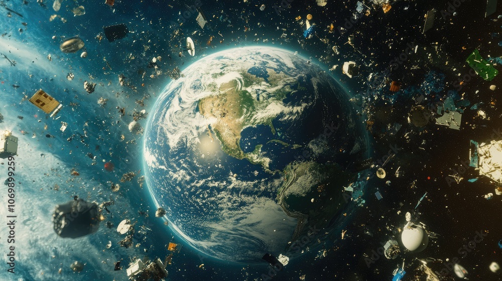 Poster illustrative 3d image of earth encircled by space junk, shedding light on the problem of abandoned s