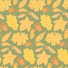Fototapeta premium Pattern featuring yellow oak leaves and acorns, perfect for autumnal designs, rustic decor, and woodland-inspired fall projects that celebrate nature and seasonal beauty.