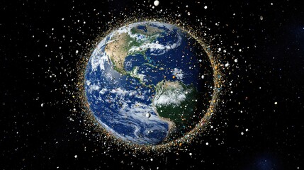 Obraz premium 3D illustration of Earth surrounded by space debris and defunct satellites, emphasizing the issue of space pollution and its environmental impacts.