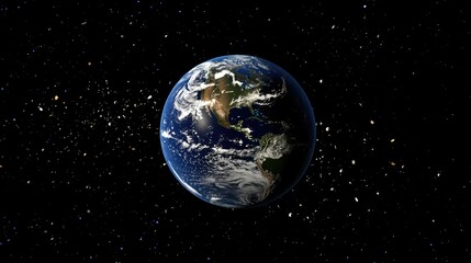 Obraz premium 3D illustration of Earth surrounded by space debris and defunct satellites, emphasizing the issue of space pollution and its environmental impacts.