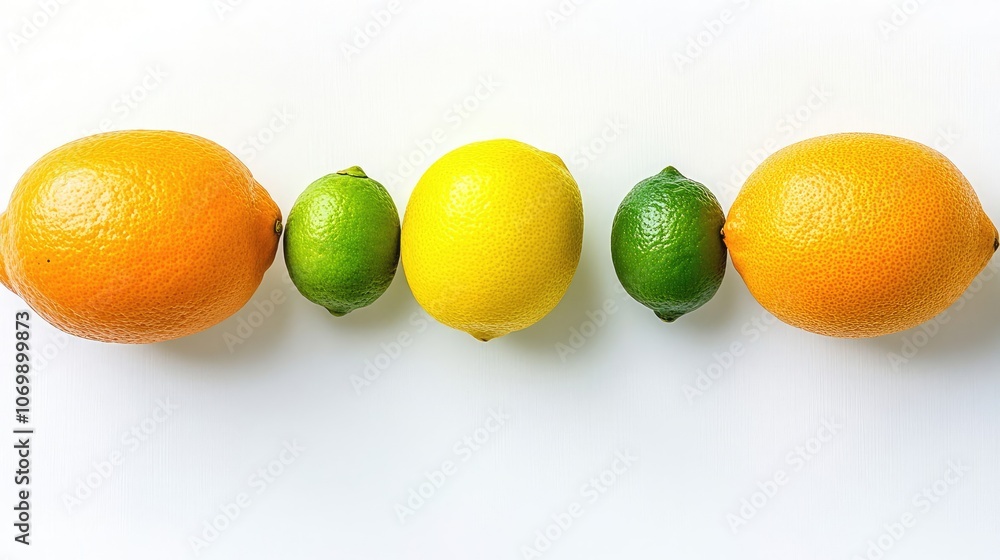 Poster vibrant citrus fruits arranged in a line on a white surface generative ai