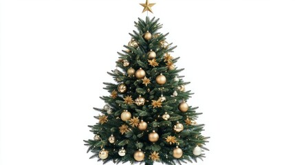 Obraz premium A detailed Christmas tree with golden ornaments and star topper, photorealistic style, isolated on white background